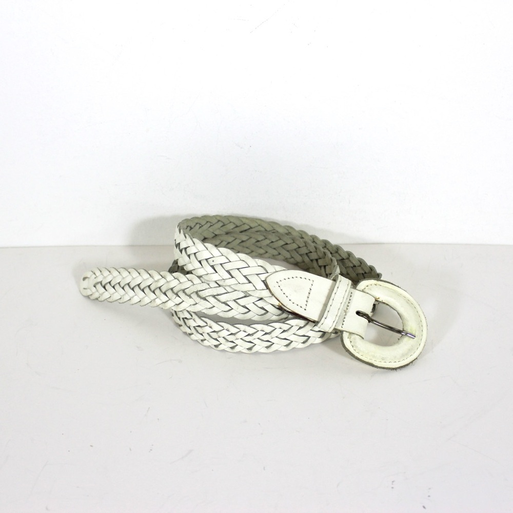 Skinny White Woven Braided Leather Belt, Narrow Self Covered Leather Buckle M L